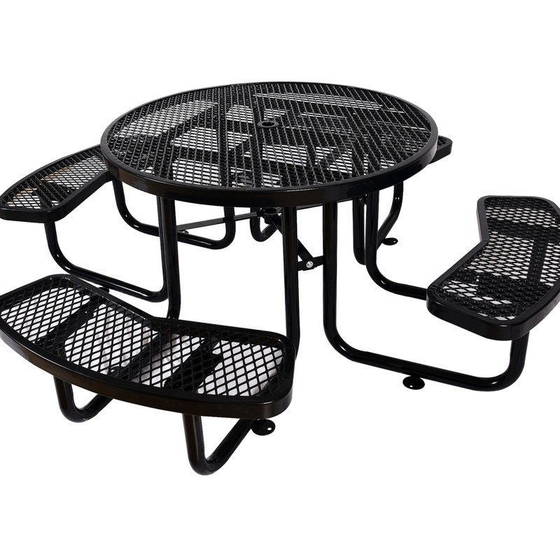 46" Round Heavy Steel Picnic Table With Umbrella Mount - Ideal For Camping, Picnic, Tailgate Events In Black Bracket Backyard Bbq, Camping