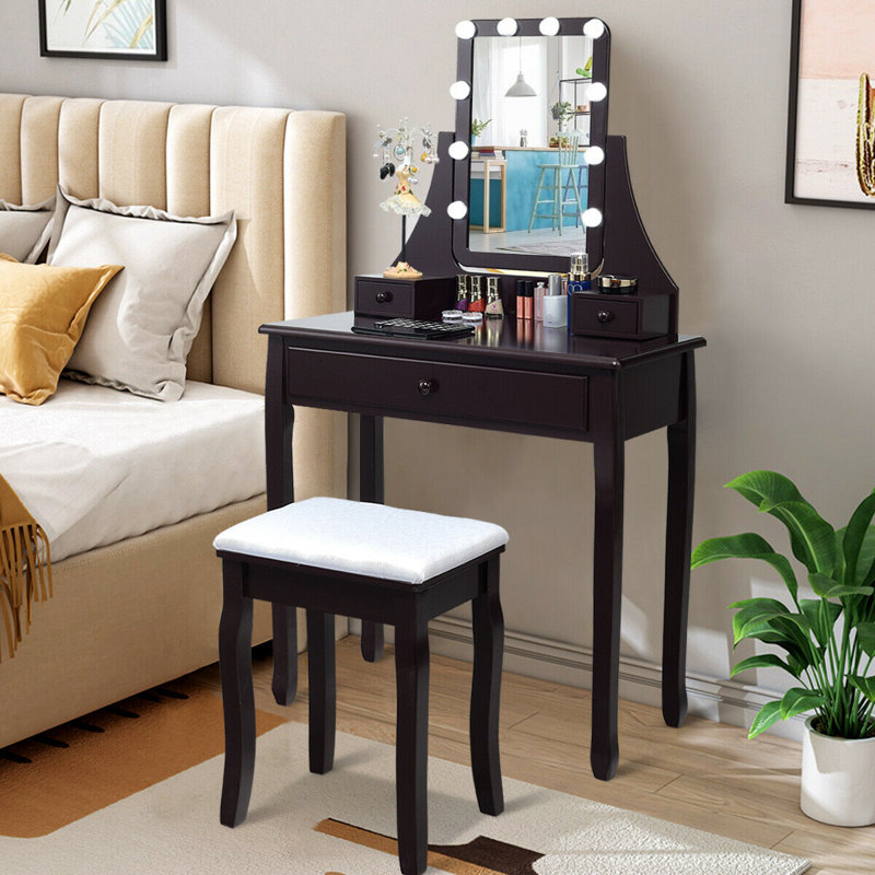 Ensemble de coiffeuse en bois massif avec tabouret et miroir Wegate, Brun