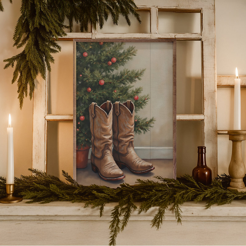 Bottes de cowboy près de l'arbre de Noël, H 8 po x l 5 po