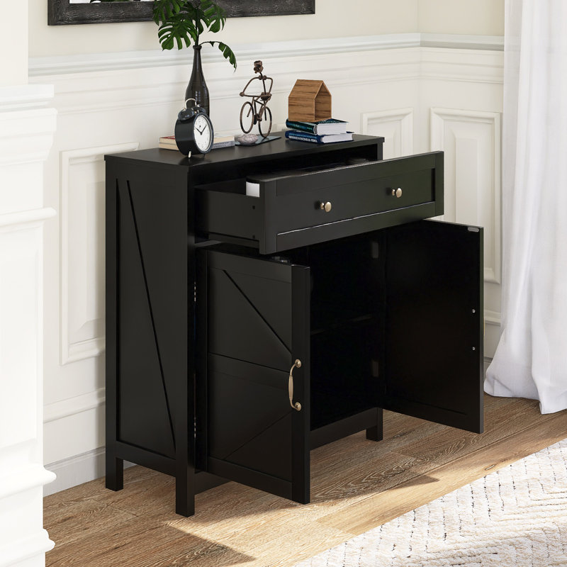 30" W Wood Farmhouse Storage Cabinet With Adjustable Shelf, Black, Silver