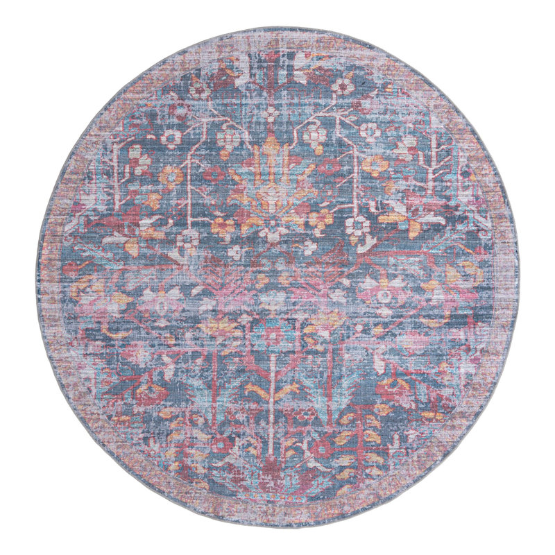 Tapis floral rouge / bleu Hafner, Rond 10 pi 6 po x 10 pi 6 po