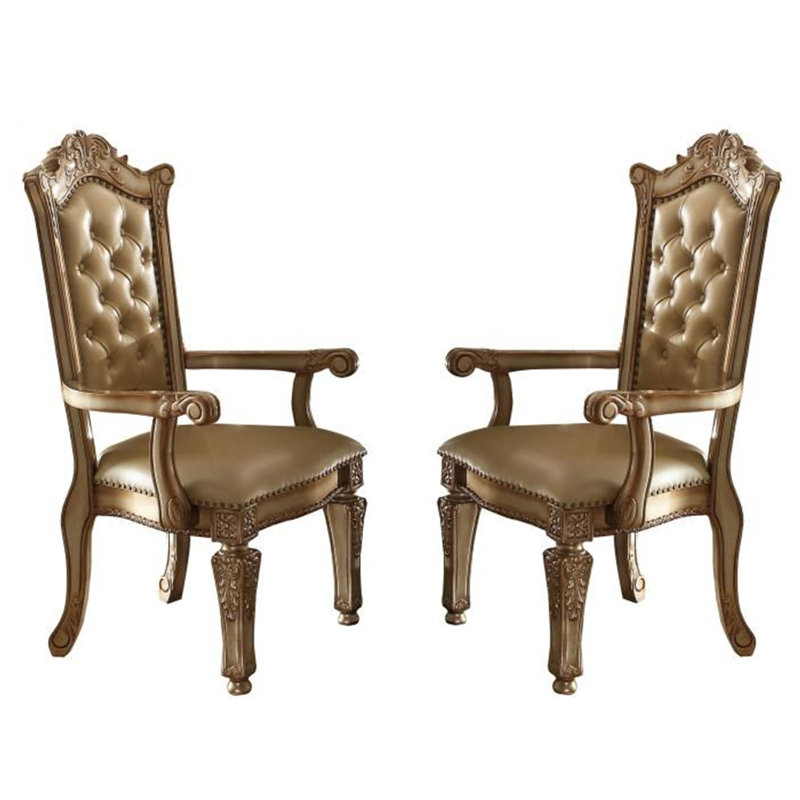 ACME Vendome Arm Chair (Set-2), Bone Synthetic Leather & Gold Patina, Brown, Gold Patina