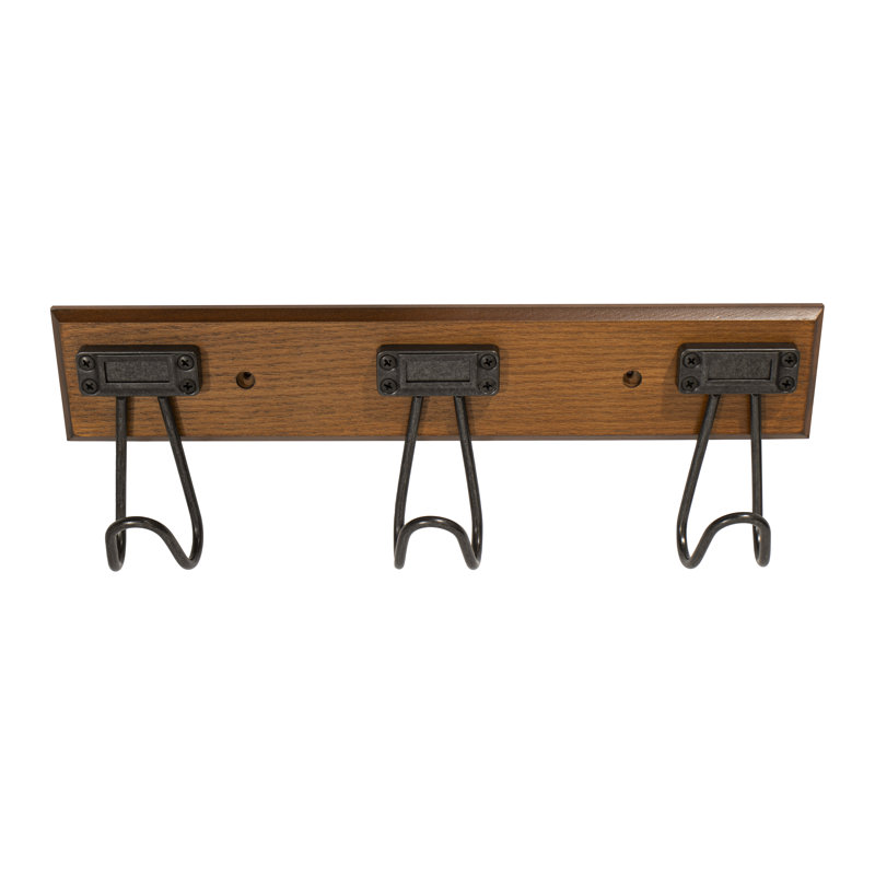 16'' Walnut and Black Metal Wall Mounted Hook Rack with 3 Hooks