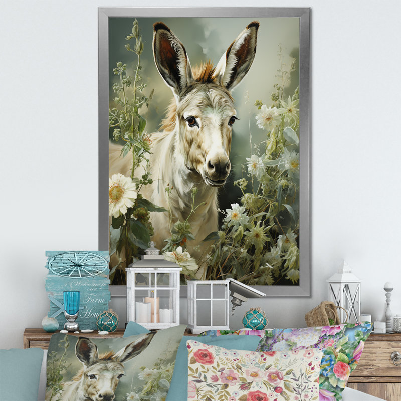 «Farmhouse Donkey In Field VI», art mural âne, Cadre simple argenté, H 32 po x l 16 po x P 1 po