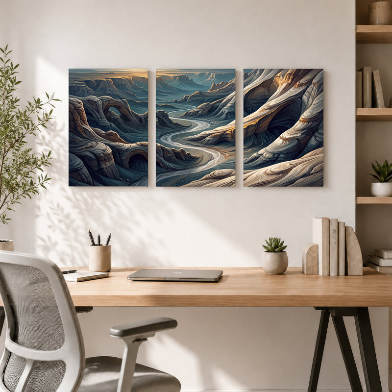 «Winding River Through Layered Blue and Tan Rock Canyons», ensemble de 3 toiles murales, H 18 po x l 12 po x 3 pièces