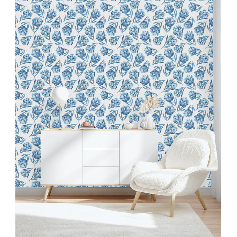 Papier peint bleu Protea, L 124,8 po x l 25 po