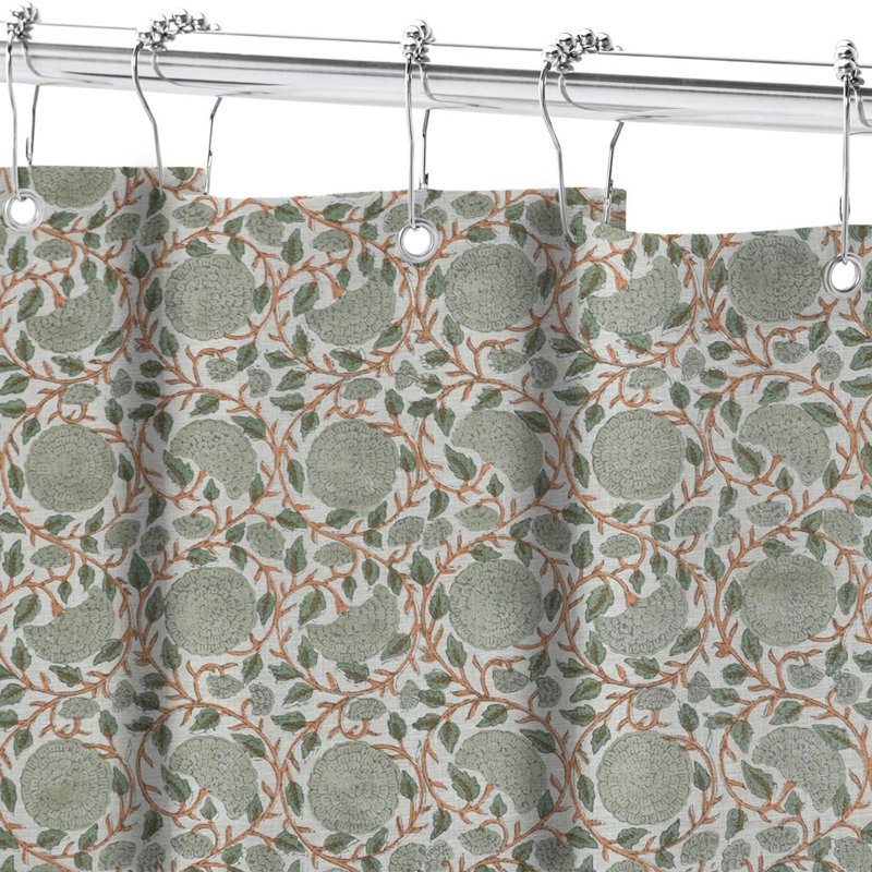 Fabdivine Handmade Block Print Linen Shower Curtain | Boho Bathroom Decor | Rustic Indian Bath Accessory, Karwachauth, Green