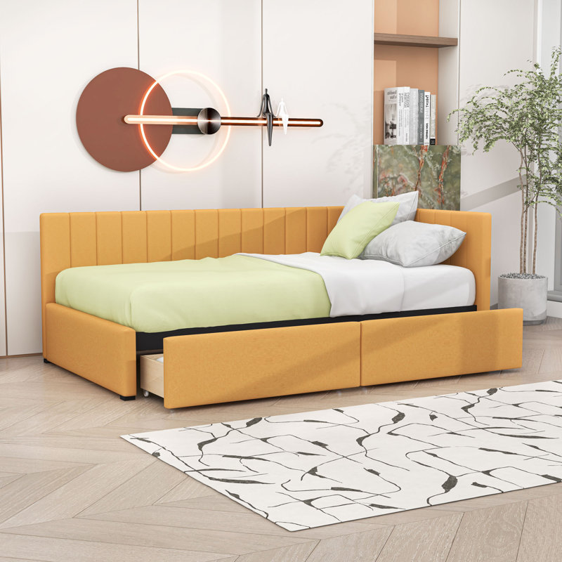 Twin Size Upholstered Daybed with Storage Drawers, Yellow
