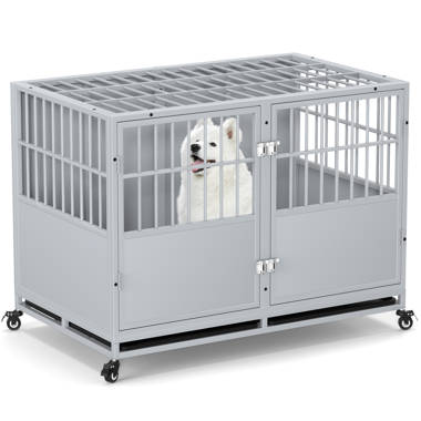 PawHut 43 Heavy Duty Dog Cage, Foldable Steel Crate Kennel with Removable  Tray, Double Doors, 4 Lockable Wheels for Medium & Large Dogs, Dark Silver