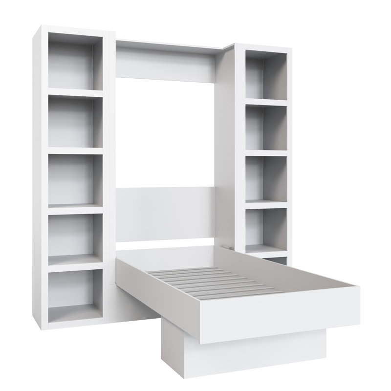 Lit escamotable Easy-Lift en grain de bois avec deux étagères, Lit simple, Blanc