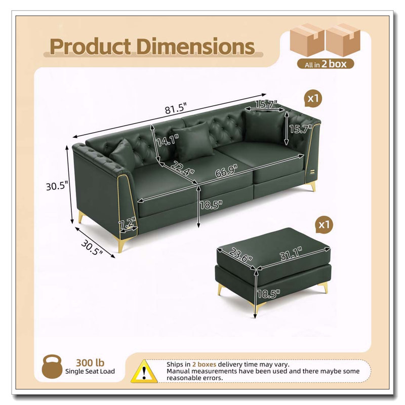 Canapé Chesterfield modulaire 3 places léger avec repose-pieds, similicuir et pieds en métal Light, 81.5"W & 1 Ottoman