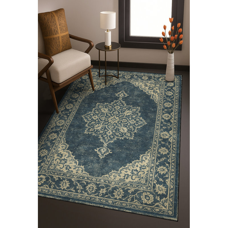 Tapis bleu tissé à envers lavable traditionnel Mosso, 2'6" x 4'11"