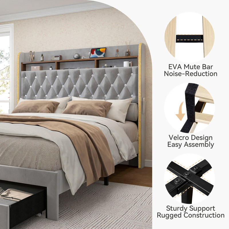 Galaxy Aurora Bed Frame with 2 Storage Drawers and Diamond Tufted Upholstered Storage Headboard, Gray, King