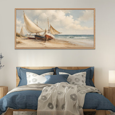 60"x30" Large Framed Wall Art – Sailboats anchored on sandy beach Canvas Print with Wood Frame, Ready to Hang