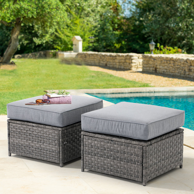 Repose-pieds en osier avec coussin (ensemble de 2), Cadre gris / coussin gris