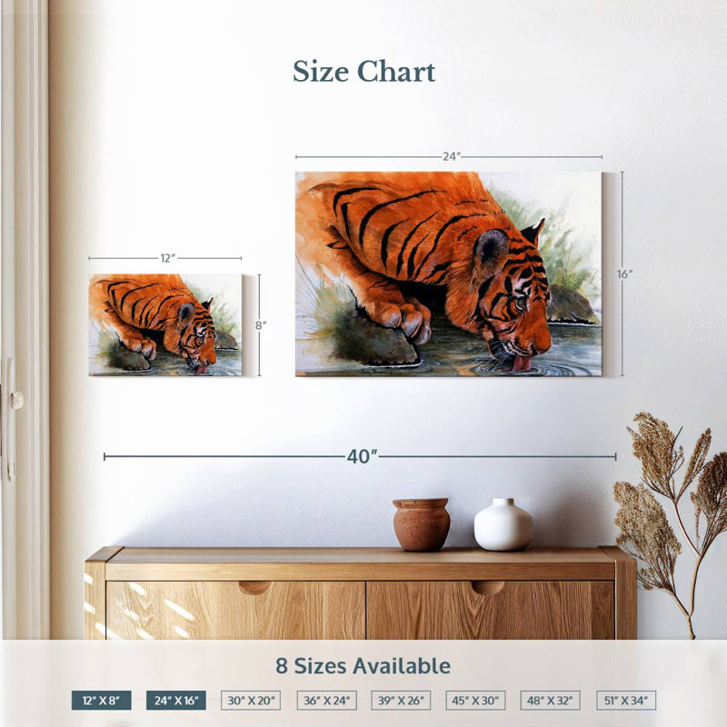 Brampt Tiger Drinking, 16" H x 24" W