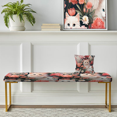 Floral Felines Delights - Floral Upholstered Gold Bench