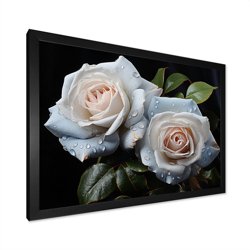Roses blanches, impression romantique II, H 34 po x l 44 po x P 1,5 po, Cadre simple noir