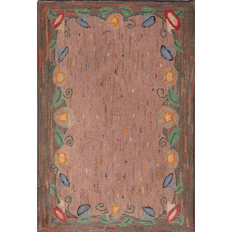 Soft Color Abstract Speckled Field Antique American Floral Border Hooked Rug