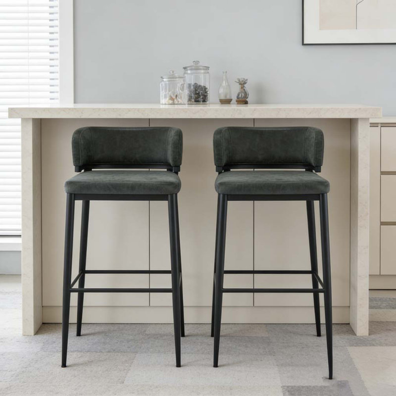 Metal Frame PU Leather Barstool, Dark Green