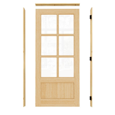 Unfinished solid core Pine Wood Double-Grid Transparent 6 Lite Clear Glass Panel Front Door With < Inswing > Jamb Kit