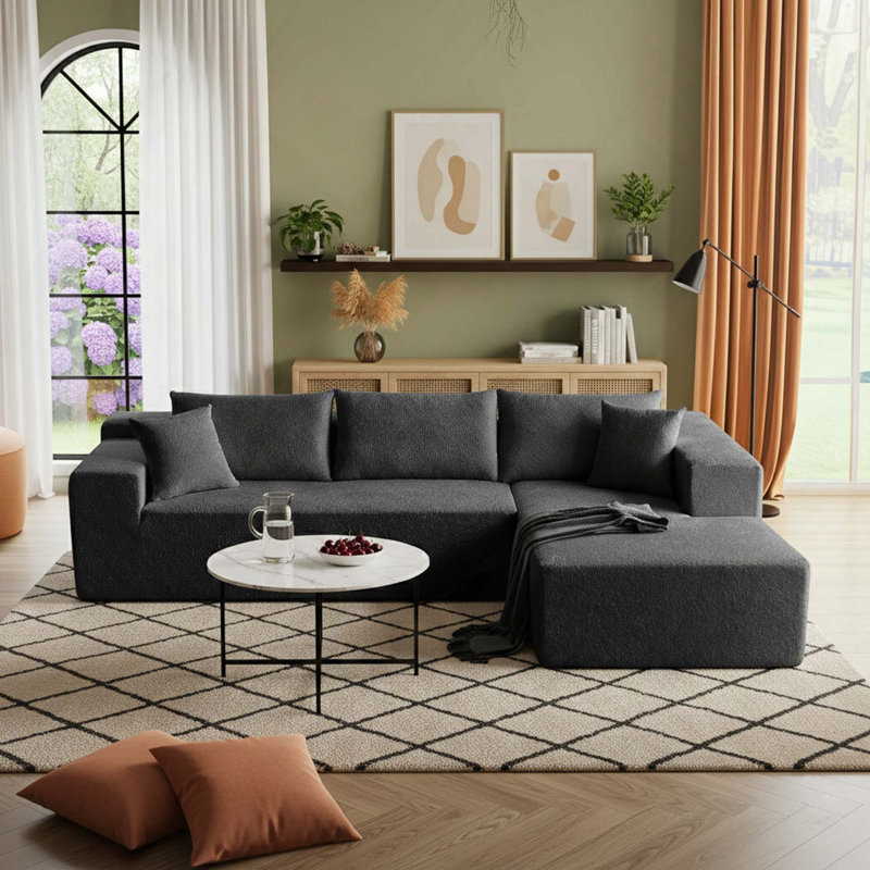 Boneless 103.54 Inch L-Shaped Modern Modular Sectional Sofa With Chaise And Pillows Featuring High-Density Sponge And Velvet Upholstery