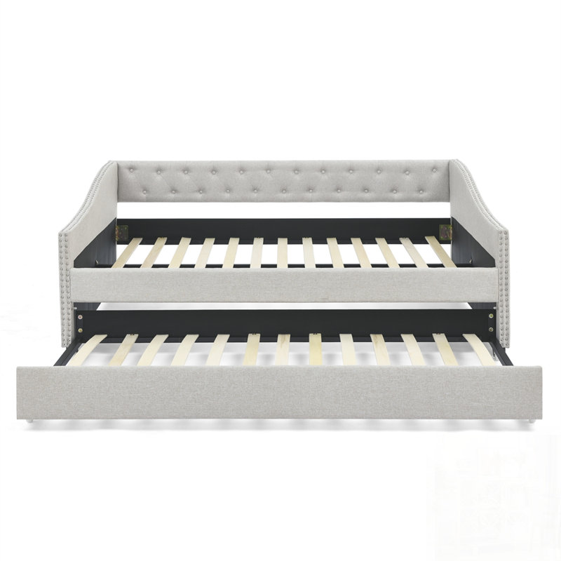 Lit de jour avec canapé-lit capitonné rembourré, avec bouton sur le dos et clou en cuivre sur les accoudoirs ondulés, Double