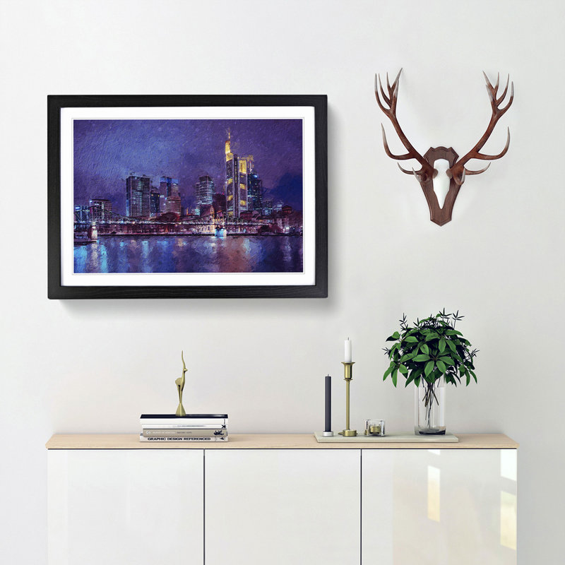 The Frankfurt Skyline in Germany at Night - Picture Frame Painting Print, 36cm H x 48cm W x 2cm D, Black Framed