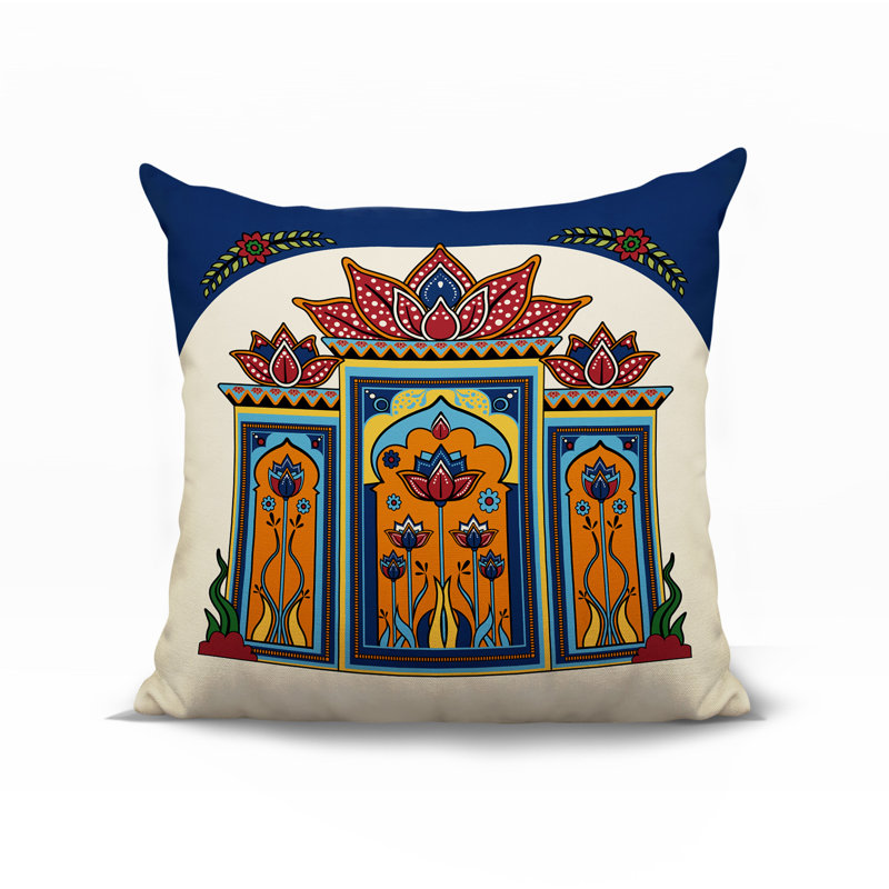 Coussin intérieur / extérieur Kimaya Lotus Arch, Bleu / rouge / orange / jaune, Carré 19 po