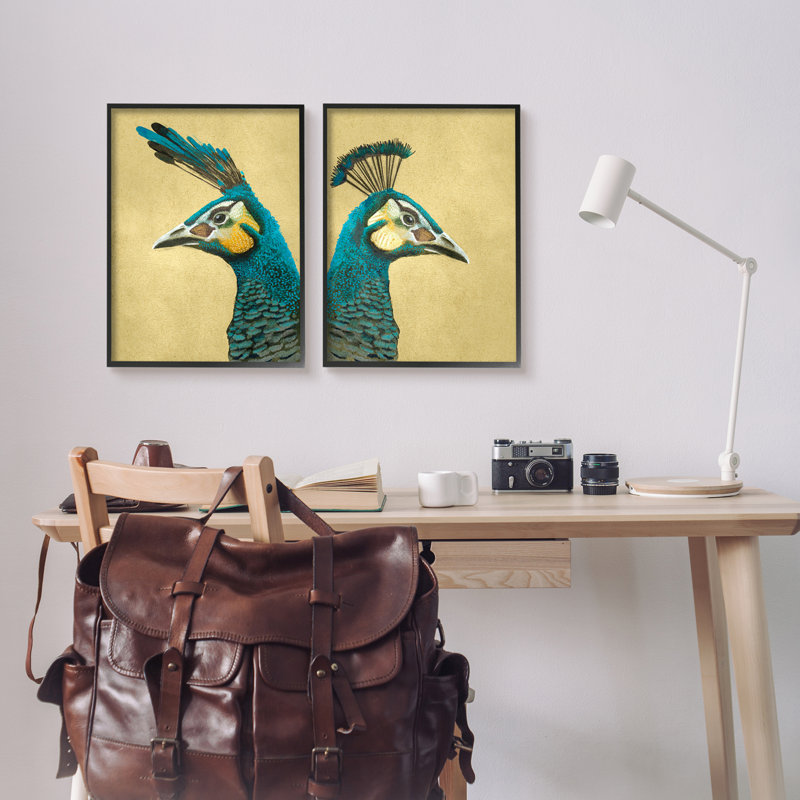«Teal Peacock Portraits», impression sur bois 2 pièces, H 20 po x l 32 po x P 1,5 po, Giclée encadrée noir minuit