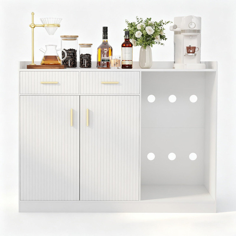 Coffee Bar Storage Cabinet with Fridge Space, Fluted Doors, Drawers & Power Strip, Home Bar Unit for Living Room, Kitchen