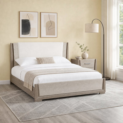 Fayette 79.5" Modern & Contemporary Oak Veneer Eastern King Panel Bed with LED-Lit Chenille Upholstered Headboard, Footboard & Rails