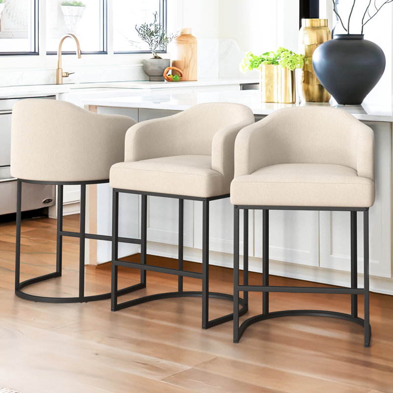 27" Counter Height Bar Stools (Set of 3), Linen/Linen