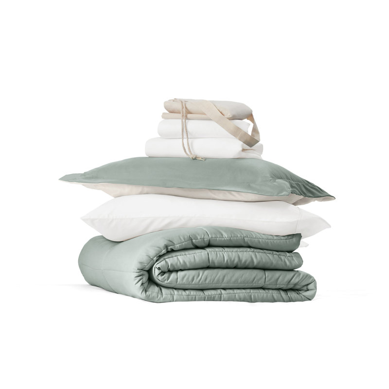 8-PC College Dorm Twin XL Bedding Bundle - Comforter Set, Sheet Set, Pillows and Laundry Bag, Eucalyptus / Natural