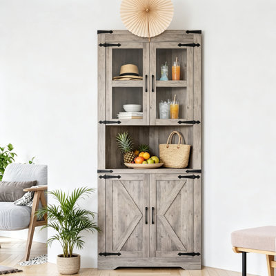 67" Tall Corner Storage Cabinet,5-Tiers Corner Storage Cabinet with Glass Doors, Farmhouse Corner Hutch Display Cabinet, Wooden Storage Organizer for Kitchen, Living Room, Bathroom.