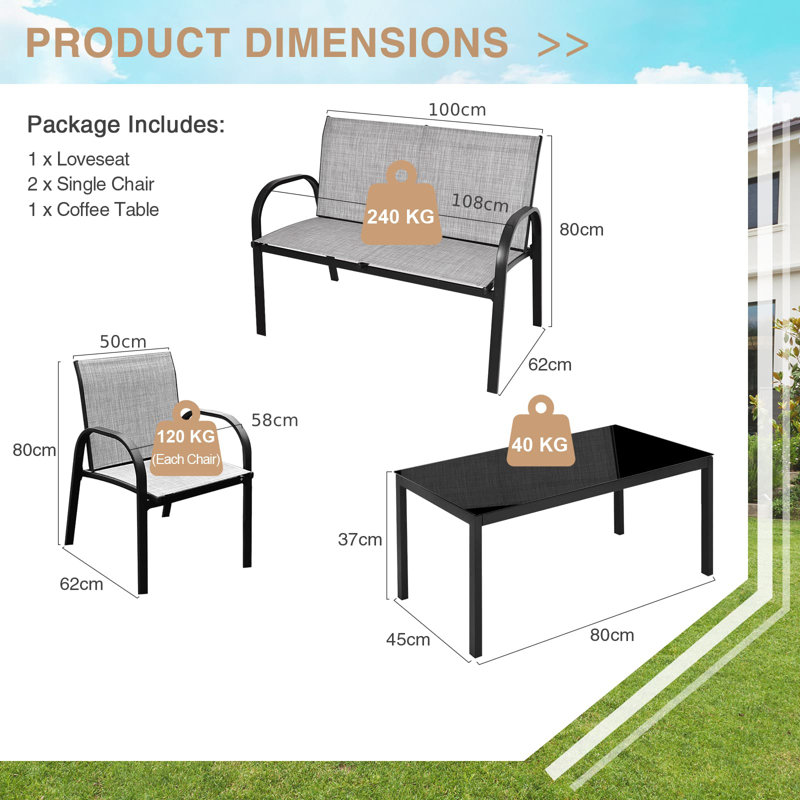 4-Piece Patio Furniture Set With 2 Chairs & Glass Coffee Table-Brown, Black/Grey