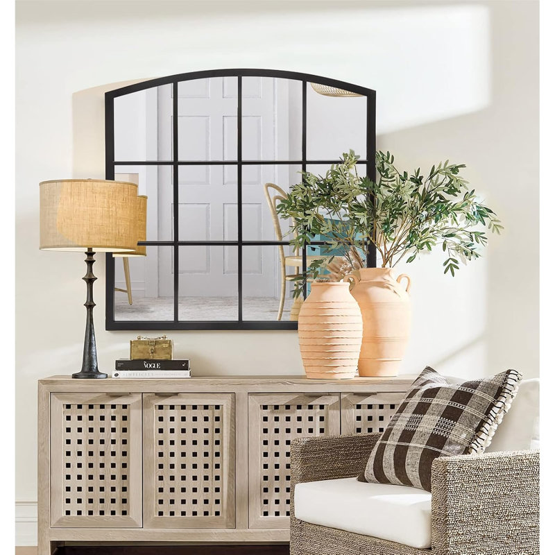 Black Window Pane Mirror, 36" x 36" Arched Decorative Wall Mirror