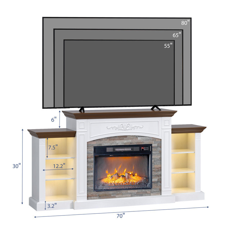 Farmhouse 70'' TV Stand For Tvs Up To 80'' With Electric Fireplace And Adjustable Shelves