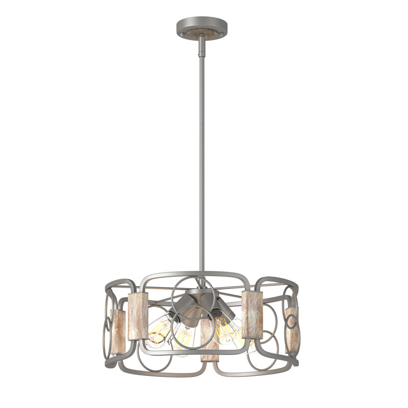 Modern Farmhouse Brushed Silver Gray and Distressed Wood Grain Drum Chandelier