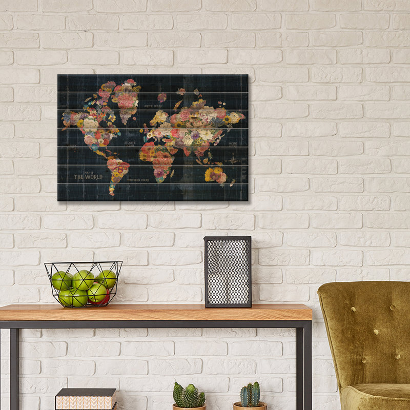 «Harshika Botanical Floral Map Words» par - Impression sans cadre sur bois, H 26 po x l 40 po x P 1,5 po