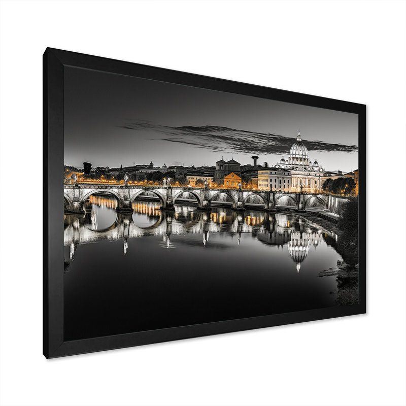 Paysage urbain de Rome noir et blanc sur toile, H 24 po x l 32 po x P 1 po, Cadre simple noir