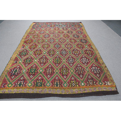 Vintage Hand-Knotted Wool Area Rug with Turkish Kilim Design for Living Room in Rich Red
