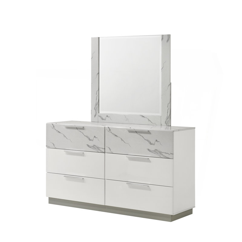 Commode blanche brume - Finition bicolore très brillante en marbre et en laque avec six tiroirs spacieux, intérieurs doublés de velours
