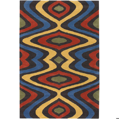 Tapis intérieur jaune, rouge, bleu, noir et vert touffeté à la main Stickel