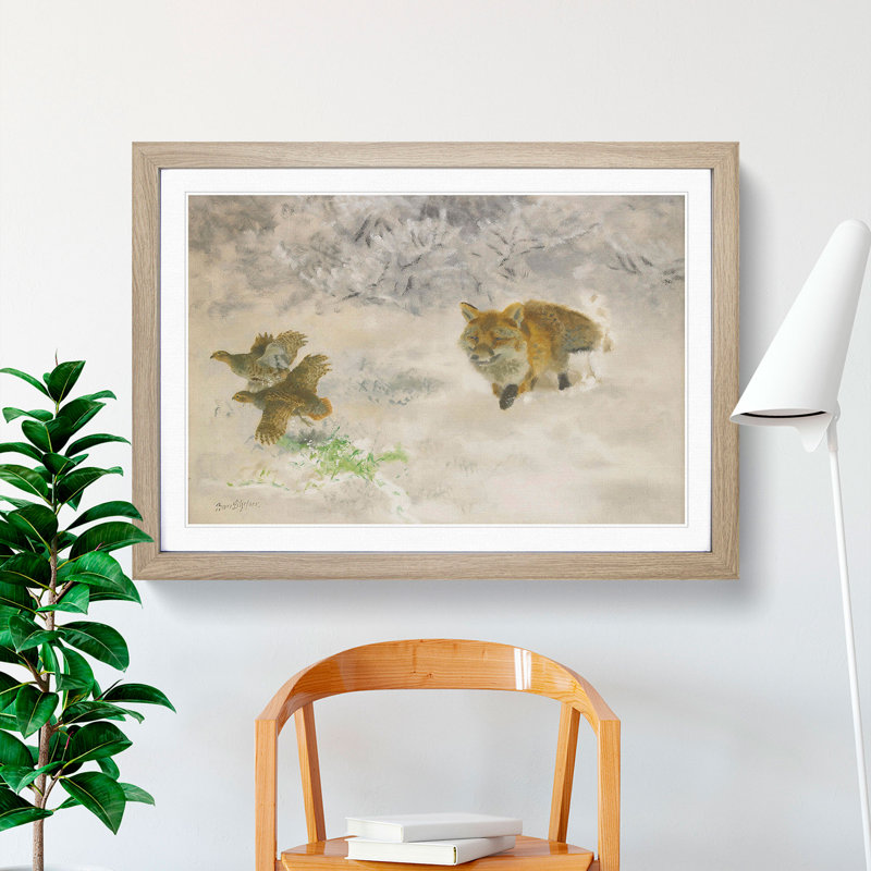 Fox Hunting Black Grouse by Bruno Liljefors - Picture Frame Painting, 27cm H x 36cm W x 2cm D, Oak Framed