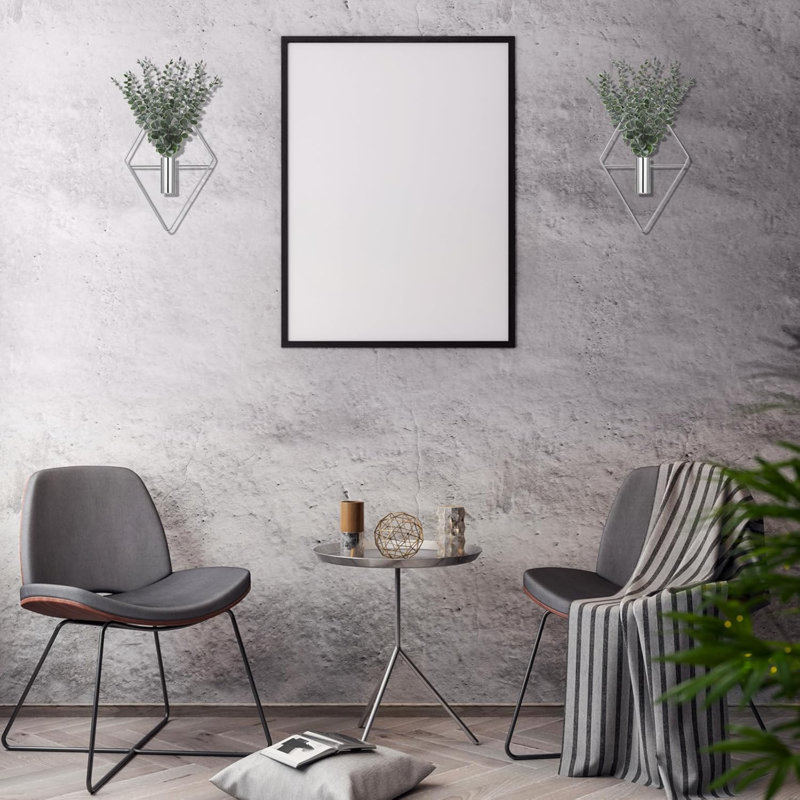 4 pots de fleurs suspendus avec eucalyptus artificiel, décoration murale en argent chromé, vase suspendu en métal, porte-plantes d'intérieur moderne, décor de salle de bain géométrique pour le bureau à domicile