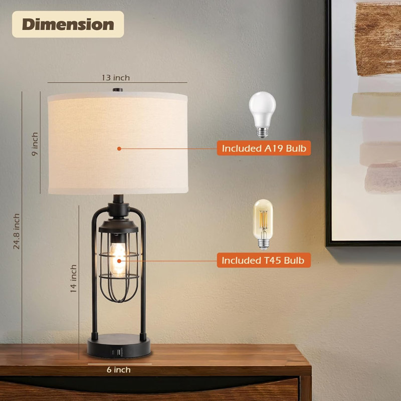 Ensemble de 2 lampes de table industrielles avec ports USB, lampe de chevet à intensité variable à 3 réglages tactiles avec veilleuse, lampe de table de chevet rustique pour le salon, la chambre et le bureau