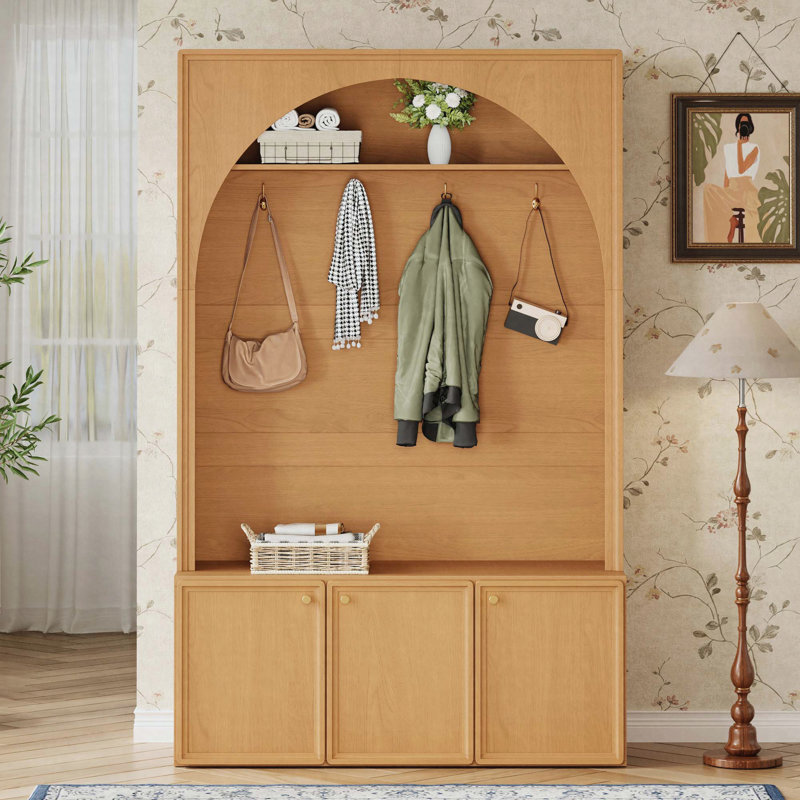 Farmhouse Hall Tree with Adjustable Shelves, Storage Bench & 3 Cabinets, Natural Teak, Natural