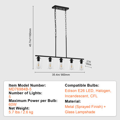 Suspension d'îlot de cuisine à 5 lumières, 60 W, luminaire de salle à manger réglable avec abat-jour en verre transparent, 4 tiges et 2 chaînes métalliques, douille E26, structure métallique, lustre linéaire de style ferme pour salle à manger