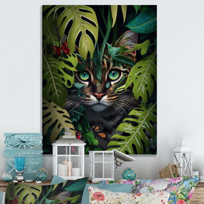 Mignon chat avec papillon dans les buissons de la jungle V - animaux, art mural sur toile